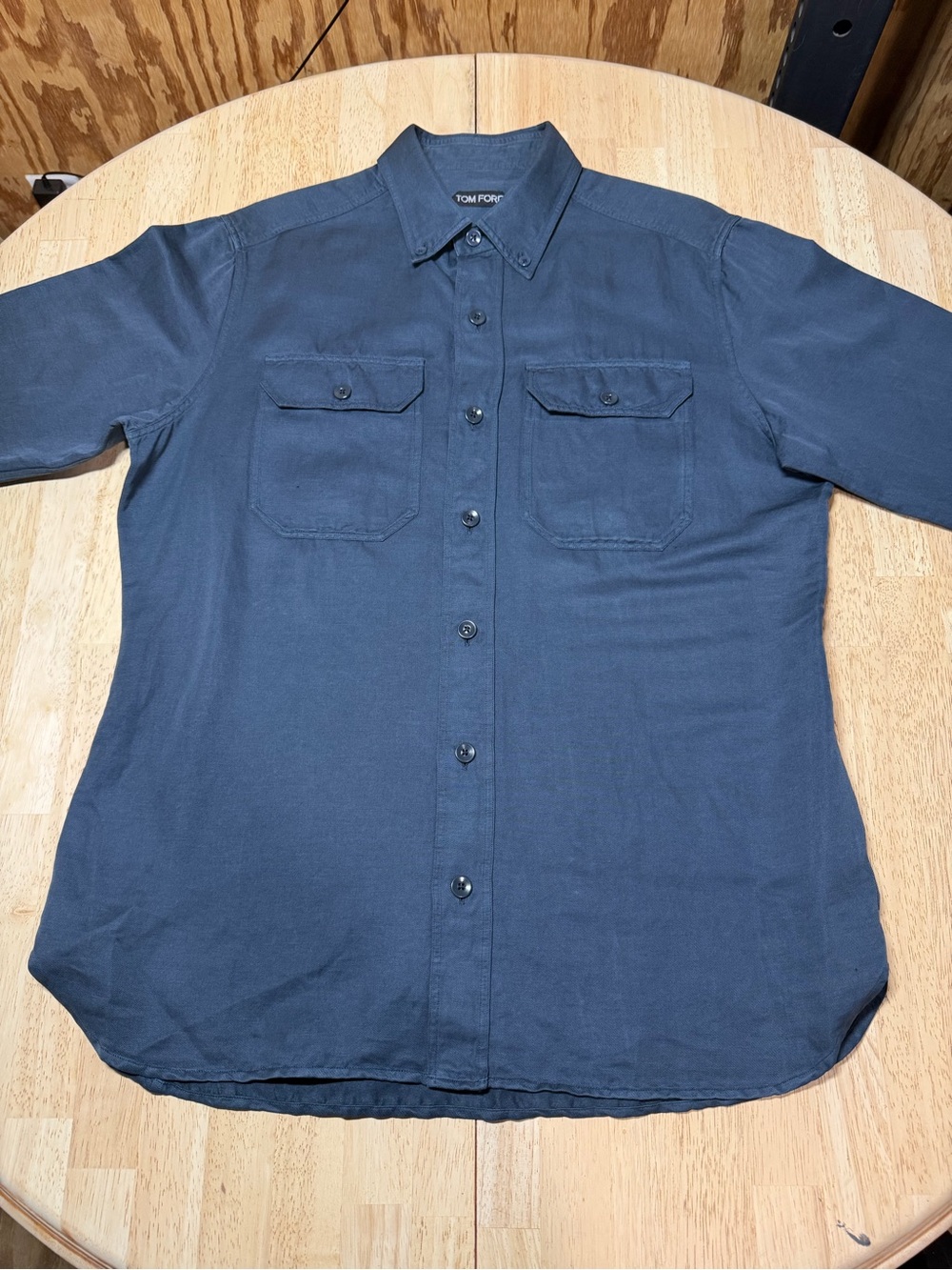 Tom Ford Military Shirt Mens 41 16 Blue Linen Cotton Button Down Luxury Large - Picture 2 of 15